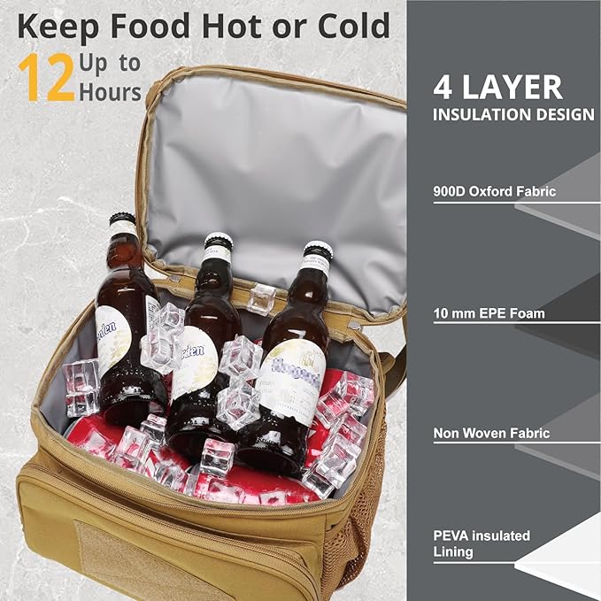 ATRIPACK 2 Compartment Lunch Bag for Men Adult, Tactical Lunch Box Leakproof Insulated Large Cooler Bag for Work with Adjustable Shoulder Strap Flag Double Layer Lunch Pail（Brown）