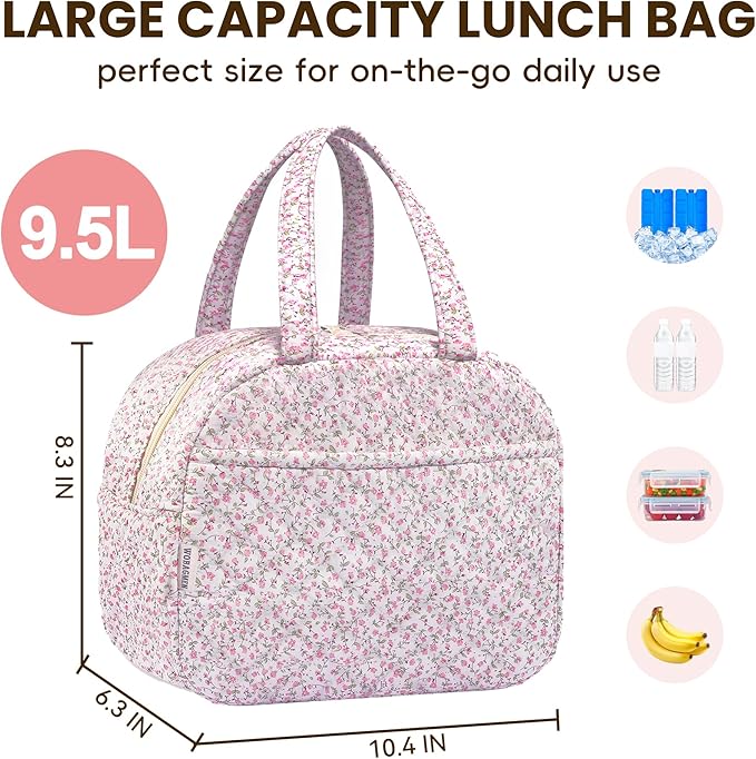 Quilted Lunch Box for Women,Insulated Cute Reusable Lunch Bag with Front Pocket,Pink Flower Stylish Lunch Tote Bag for Work, Office,Picnic, Travel,School (pink floral)