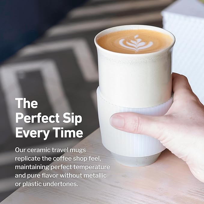 Travel Mug - Ceramic Coffee Mug With Lid – Microwave & Dishwasher Safe Coffee White & Grey Tumbler - Gifts For Women Men Him Her – 16oz – Mist