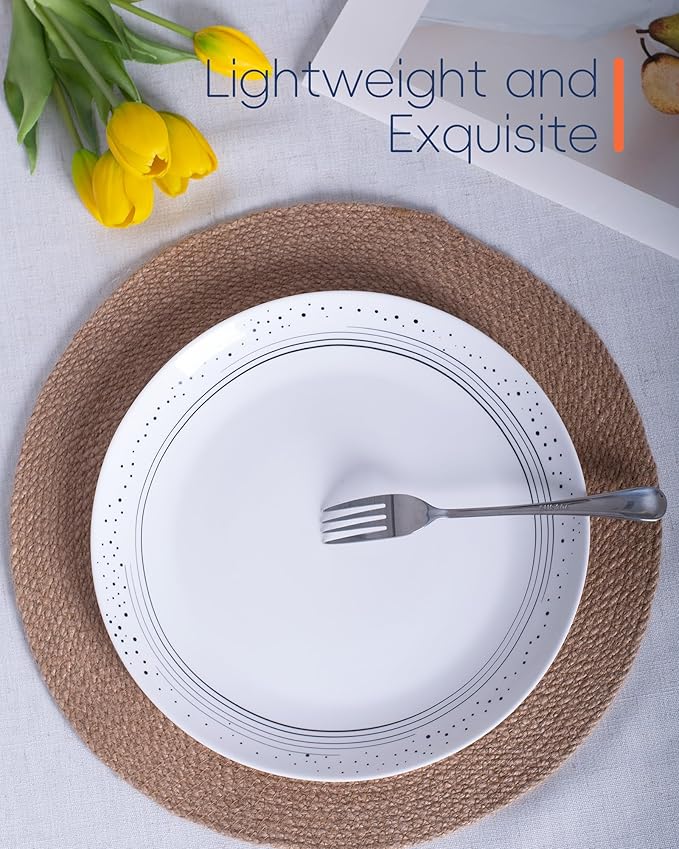 10.5 inch Dinner Plate Set of 6, Lightweight Round Opal Glass Dinnerware Plates, Dishwasher and Microwave Safe, Black Modern Speckled Design