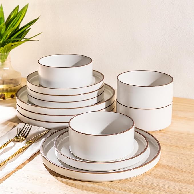 LERATIO Ceramic Dinnerware Sets for 6, High Edge Stoneware Plates and Bowls Set, Chip and Crack Resistant | Oven & Dishwasher & Microwave Safe Dishes Set, Service for 6 -Vanilla White