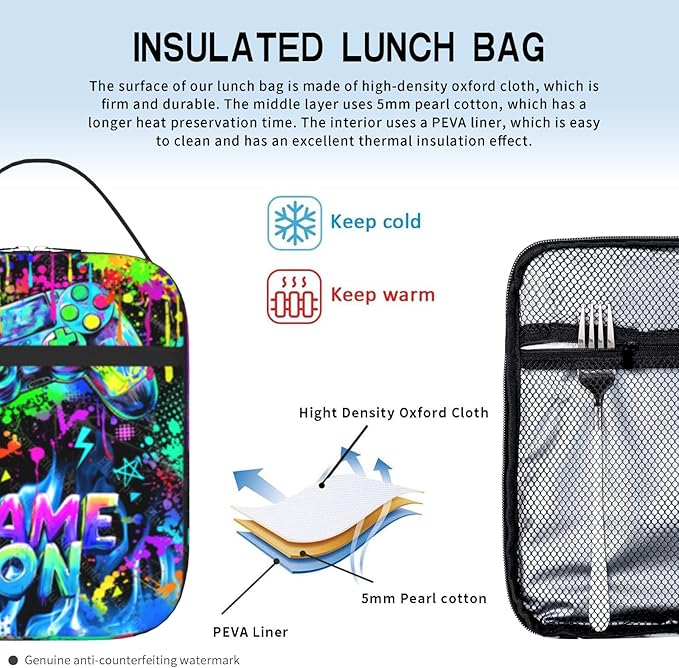 Video Game Lunch Box for Boys, Insulated Reusable Game Lunch Bag for Kids Teens Portable Waterproof Leakproof Gaming Lunch Tote Bag Boys Lunchbox for School Picnic Travel Beach Back to School Gifts