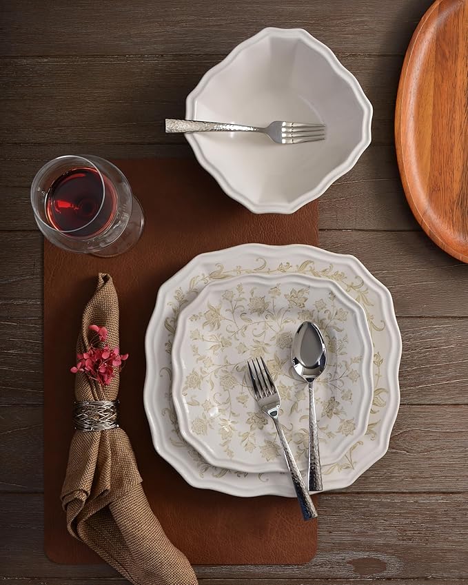 222 Fifth 12-Piece Porcelain Dinnerware Set for 4, Glossy Cream Plates and Bowls Set with Taupe Flowers, Elegant Square Ceramic Dish Set, Kitchen Tableware, Microwave & Dishwasher Safe, Batik Toile