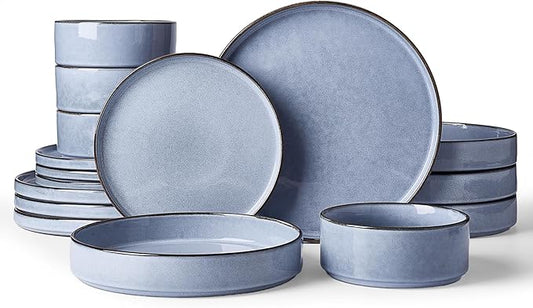 Famiware Annecy Plates and Bowls Sets, Service for 4 (16 Pieces), Dinnerware Sets with Pasta Bowls, Microwave and Dishwasher Safe Dishes Set, Chip and Scratch Resistant, Reactive Blue