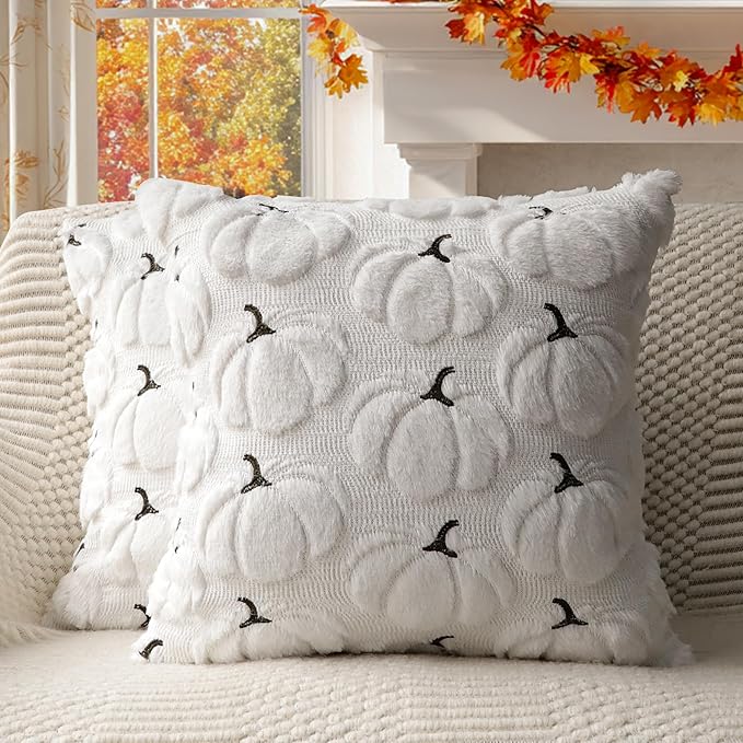 4TH Emotion Fall Pumpkins Decorative Pillow Covers 20x20 Set of 2, White Soft Plush Faux Fur Wool Farmhouse Throw Cushion Cases for Autumn Thanksgiving Holiday Home Decorations