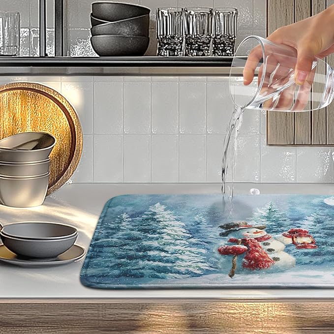 Winter Blue Snowman Dish Drying Mat Christmas Pine Tree Large Kitchen Mats Dish Drying Pad Xmas Absorbent Dish Dryer Mat for Kitchen Countertops Microfiber Drainer Pad Dish Drying Mats (18x24 in)