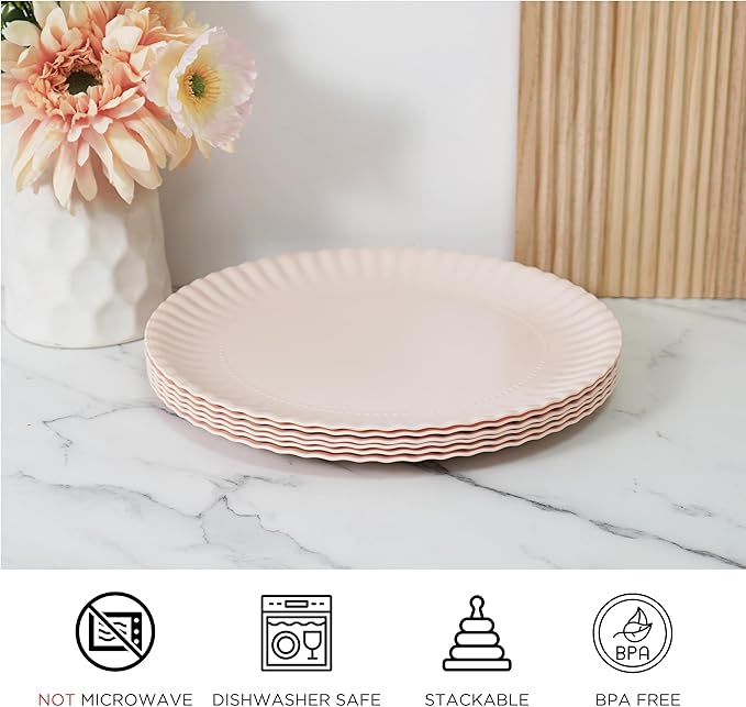 TP 10.5 inch Melamine Dinner Plates Set of 6, Lightweight Serving Round Salad Appetizer Plate for 6, Dessert Dishes for Indoors and Outdoors, Light Pink