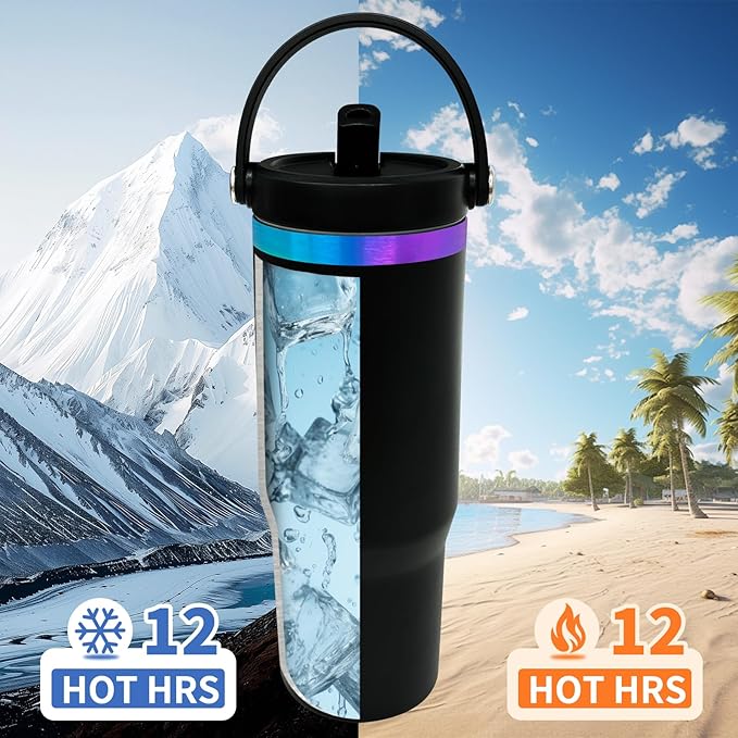 30 oz Tumbler with Handle, Double Wall Vacuum Insulated Tumblers with Flip Straw, Coffee Mug 30oz Powder Coated Cup for Hot and Cold Drinks(Blue Purple Plated, Black,1 pack)