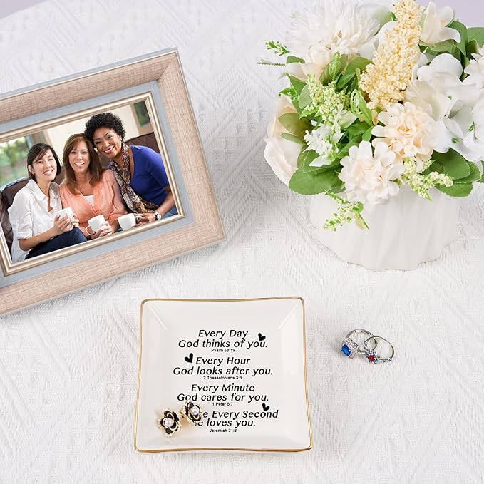 Christian Gifts for Women Faith Jewelry Dish with Bible Verse Prayers, Religious Gifts Scripture Gifts Spiritual Gifts for Women Men Friends Birthday - Every Second God He Loves You