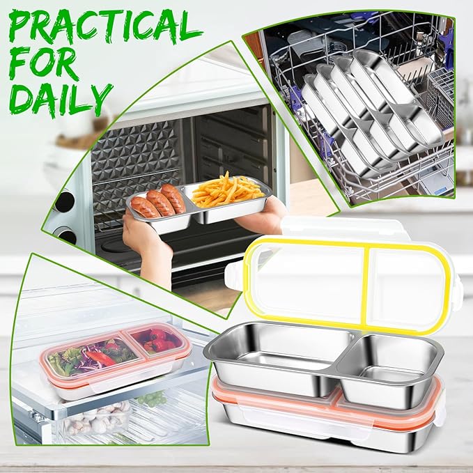 2 Pack Stainless Steel Snack Containers with Lids - Reusable 2 Compartment Snackle Box Container Divide Wet Dry Leakproof Metal Food Storage Containers for School, Home, Travel (Yellow + Orange)