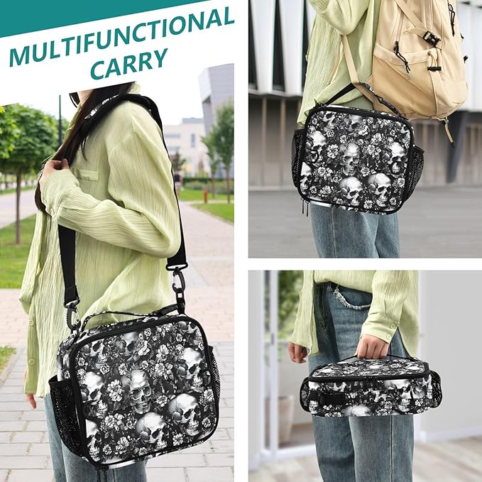 Skull Lunch Bag for Women Men Insulated Reusable Lunch Box with Adjustable Shoulder Strap Cooler Tote Bag for School Outdoor Picnic