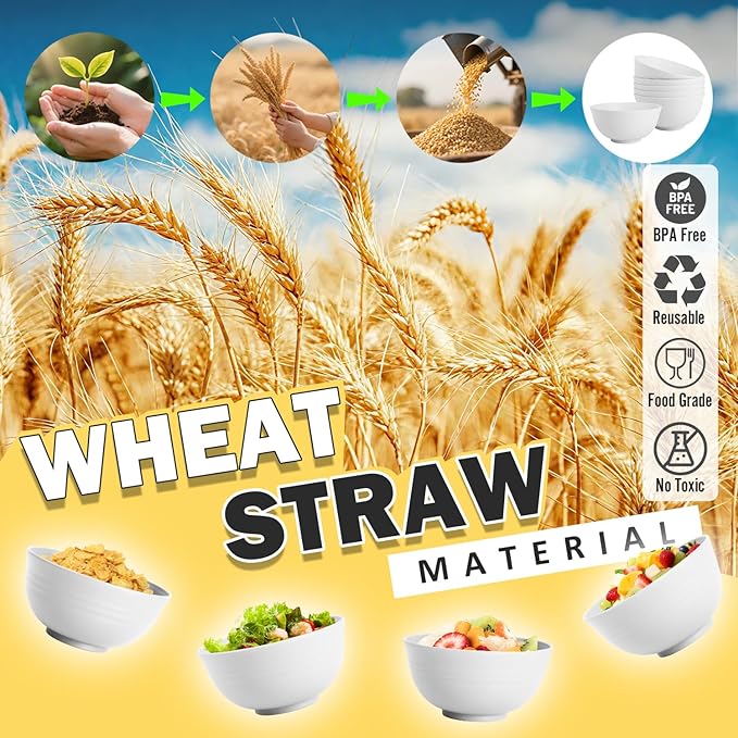 Wheat Straw Bowls 26 OZ, Plastic Bowls Reusable, Unbreakable Cereal Bowls Set of 6, Small Soup Bowl Salad Bowl for Kitchen, Microwave & Dishwasher Safe, White