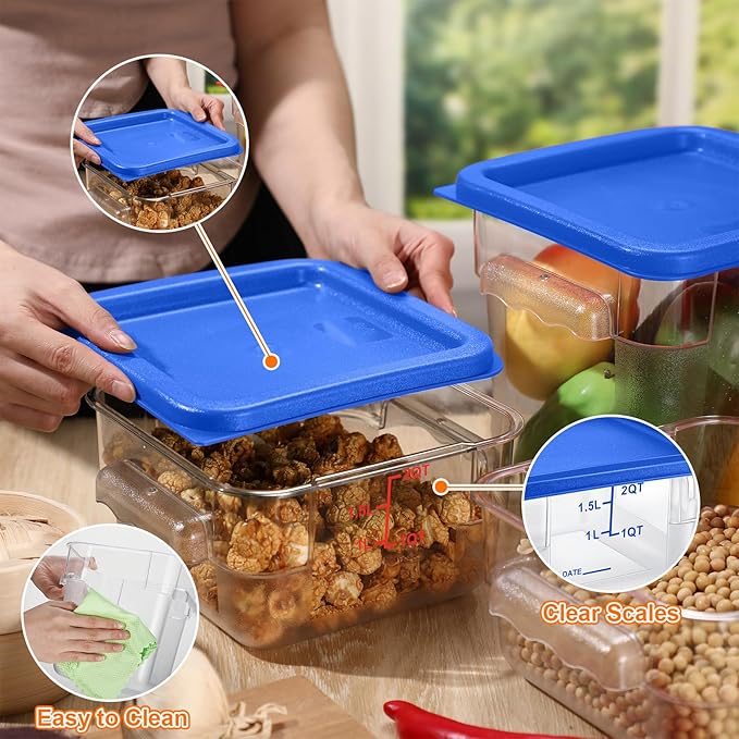 Suclain 8 Pcs Food Storage Container with Lids Set 2qt and 4qt Square Clear Commercial Containers with Scales Handles for Home Restaurant Kitchen Food Storage, Marinating Meat, Proof Dough (Blue)