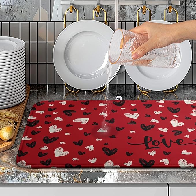 Valentines Day Dish Drying Mat Red Black Love Heart Valentine Kitchen Dish Drying Pad Absorbent Dish Dryer Mat for Kitchen Countertops Microfiber Dishes Drainer Pad Dish Drying Rack Mat (18x24 in)
