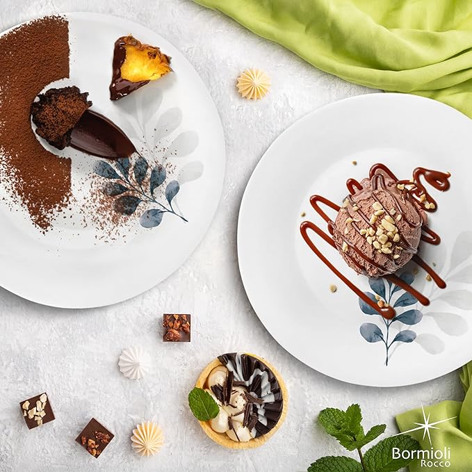 Bormioli Rocco White Moon Botanica Blue, Set Of 6, 7.75" Dessert Plates, Tempered Opal Glass Dishes, Dishwasher & Microwave Safe, Made In Spain.