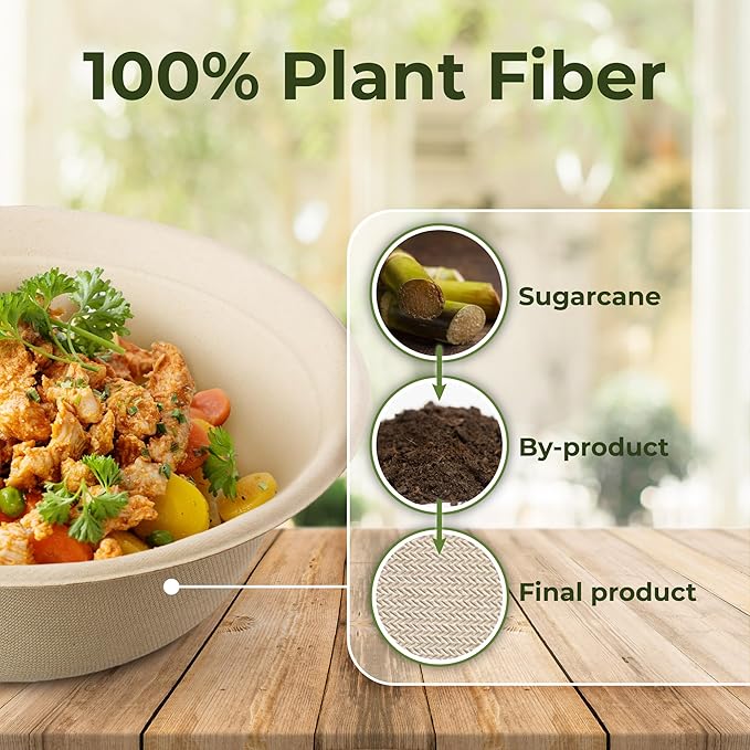 [500 COUNT]Harvest Pack PFAS FREE 48oz Round Compostable Paper Bowls with Flat Lids - Heavy-Duty Eco-Friendly Disposable Bagasse Large Soup Bowls Sugarcane made plant fibers for Meal Prep