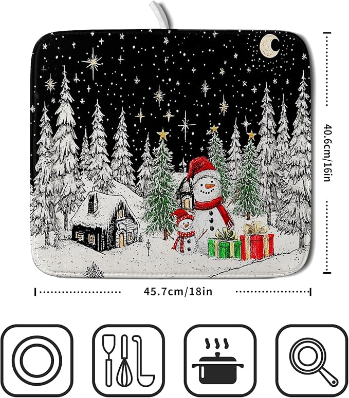 Winter Snowman Dish Drying Mat 18 X 16 in Black Microfiber Dish Pad Absorbent Holiday Kitchen Accessories