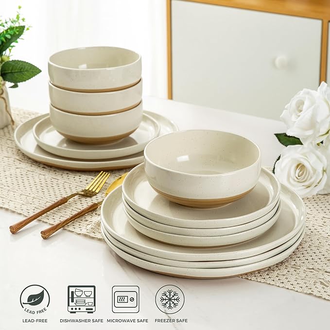 AmorArc Ceramic Dinnerware Sets, Handpainted Plates and Bowls Set with Rustic Terracotta Underside, Scratch Resistant Stoneware Dishes Set, Dishwasher & Microwave Safe