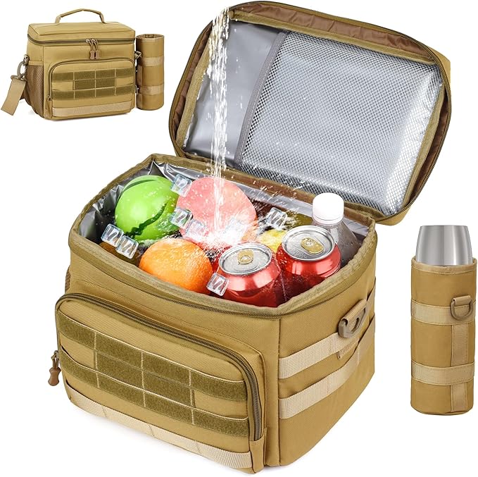 Tactical Lunch Box for Men, Insulated Lunchbox Waterproof Leakproof Cooler Lunch Bag for Work Outdoor Picnic, 24 Cans/15 L, Khaki