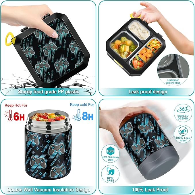 Bento Lunch Box for Kids with 12oz Soup Thermo Leak-Proof Lunch Food Container with 5 Compartment Thermo Hot Food Jar and Insulated Lunch Bag for Kid Toddler Girls Boys to School