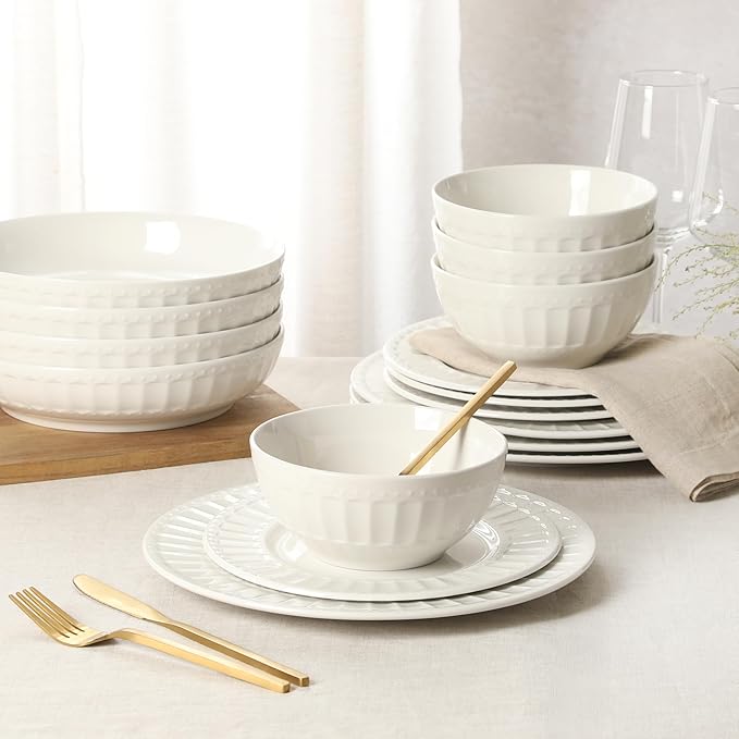 Gibson Home Melbourne White Plates and Bowls Set, 16 Piece Embossed Ceramic Dinnerware Set - Service for 4 Dishes - With Pasta Bowl