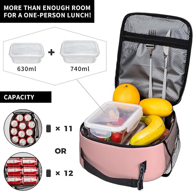Pink Lunch Bag Washable Thermal Picnic Box Reusable Insulated for Women Adults Office Work
