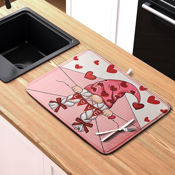 Valentine's Day Love Letter Dish Drying Mat for Kitchen Counter, Love Letter Gnome Absorbent Dish Pad Large Dish Drainer Mats for Countertop 18x24 Inch