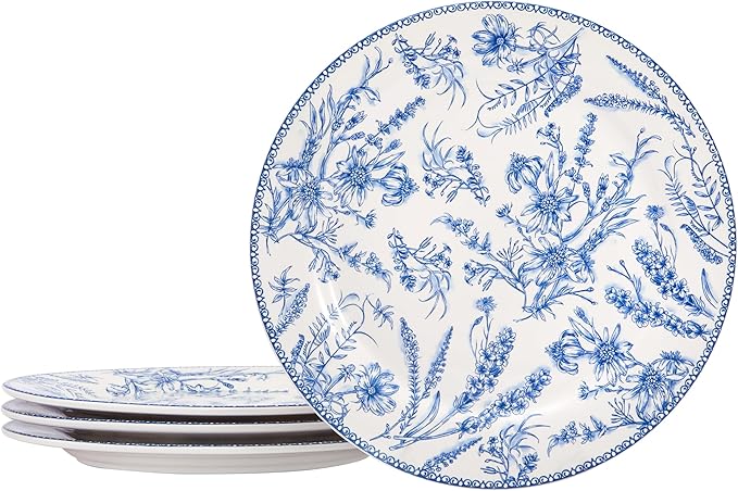 Bico Blue Garden Toile De Jouy Salad Plates Set of 4, 8.75 Inch Ceramic Dessert Plates for Salad, Appetizer, Side Dishes, Microwave and Dishwasher Safe, Gift for Housewarming and Thanksgiving