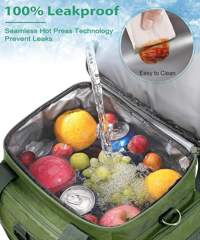 Tactical Lunch Box for Men, Large Insulated Lunch Bag for Adult, Heavy Duty Double Deck Expandable Lunch Cooler Bag with American Flag, Leakproof Soft Lunch Pail for Work Office Camping - Green