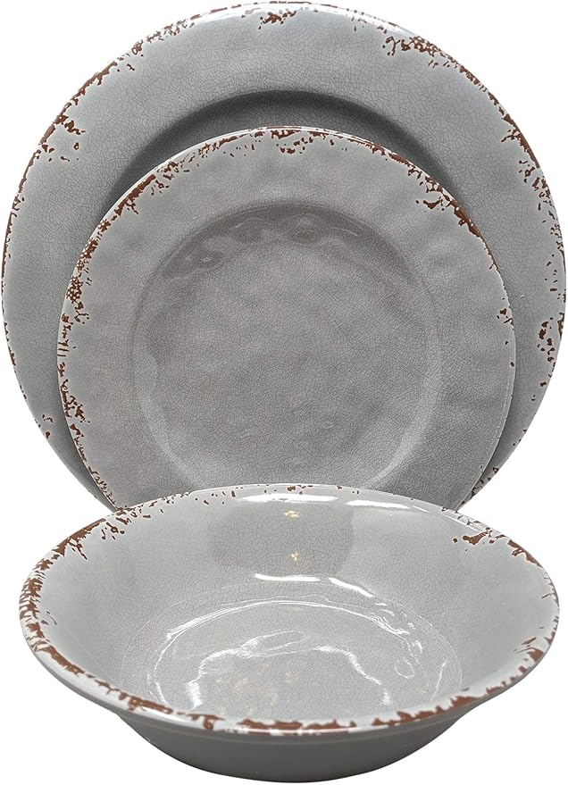 Gianna's Home 12 Piece Rustic Farmhouse Melamine Dinnerware Set, Service for 4 (Gray)