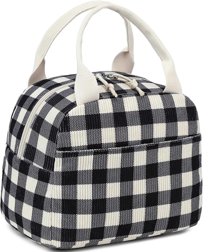 BTOOP Lunch Box for Women Men Cute Corduroy Lunch Bags Large Capacity Insulated Lunch Tote Bag For Work Travel Or Picnic (Black-White-Grey Checkered)