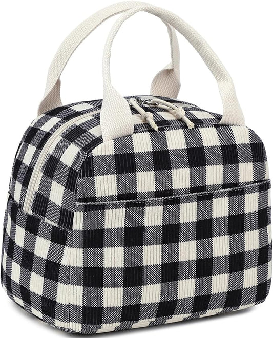 BTOOP Lunch Box for Women Men Cute Corduroy Lunch Bags Large Capacity Insulated Lunch Tote Bag For Work Travel Or Picnic (Black-White-Grey Checkered)