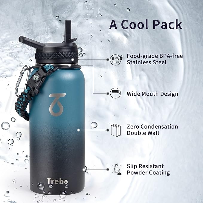 Trebo 32oz Water Bottle Insulated with Lid and Straw,Double Wall Vacuum Stainless Steel Metal Tumbler Sports Flask with Paracord Handle, Keep Cold 48 Hours Water Cup with 3 Lids, Indigo/Black