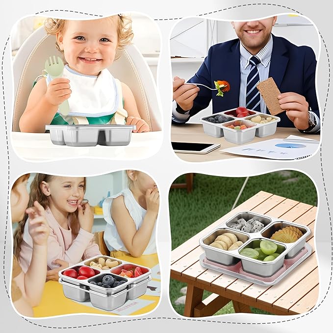 BEFOY 2 Pack Stainless Steel Snack Containers with Lids 4 Compartment Food Storage Containers for Adults Meal Prep Reusable for work or going out.(PINK, 2)