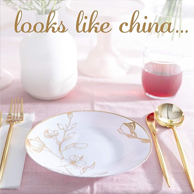 [7'' Plates 10 Count] White Plastic Floral Design Party Plates With Gold Rim Premium heavyweight Elegant Disposable Tableware Dishes