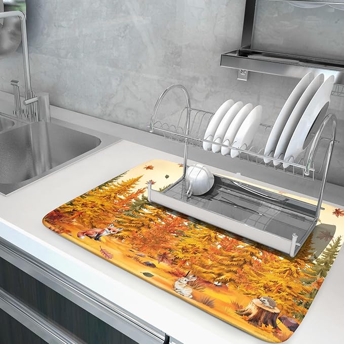 Autumn Forest Dish Drying Mat - Welcome Fall Fox Drying Pad for Counter Wildlife Dish Drainer Mat Cabin Animal Kitchen Accessories 18 X 24 Inch