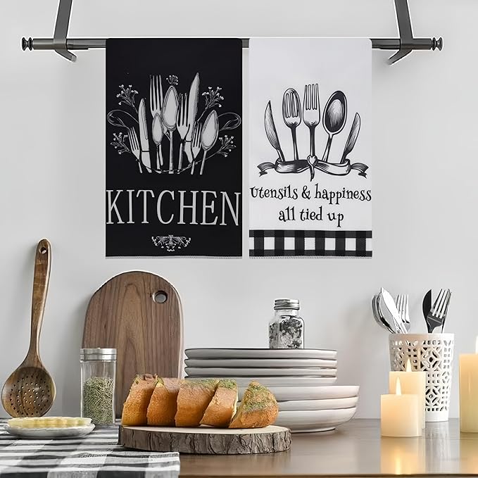 Black & White Grid Kitchen Towels Set of 2-18x26 Inch, Ultra Absorbent Microfiber, Farmhouse Decor, Fast Drying for Home & Restaurant Use