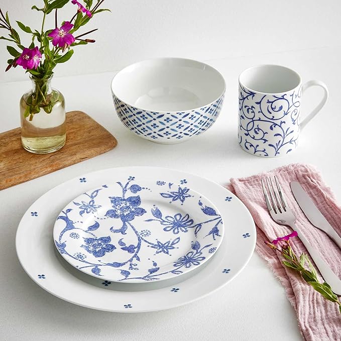 Portmeirion Home Collection 16 Piece Dinnerware Set - Blue Indigo Mix & Match Designs, Porcelain Dinner Plates, Salad Plates, Bowls & Mugs - Microwave, Dishwasher & Oven Safe, Modern Table Set