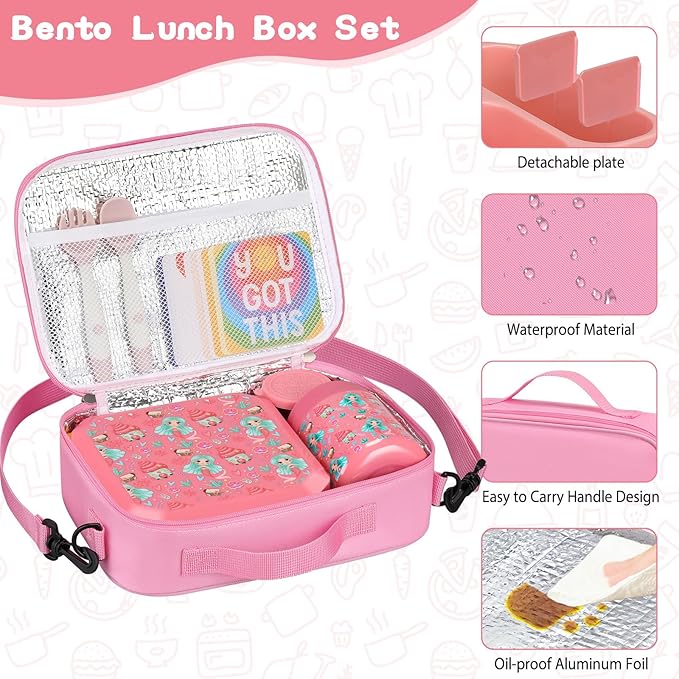 Bento Lunch Box for Kids with 12oz Soup Thermo Leak-Proof Lunch Food Container with 5 Compartment Thermo Hot Food Jar and Insulated Lunch Bag for Kid Toddler Girls Boys to School