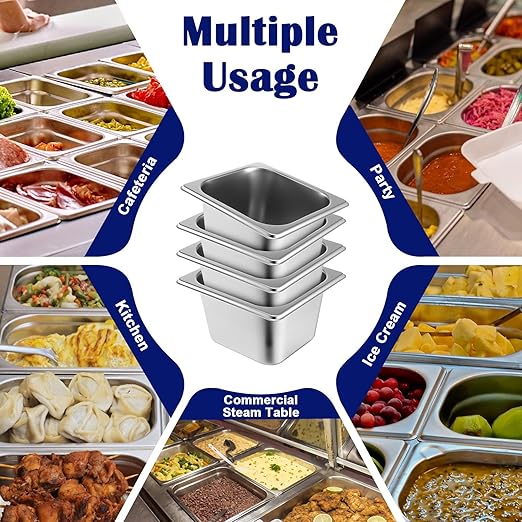 4 Pack Hotel Pans Stainless Steel 1/6 Size 4 Inch Deep Steam Table Pan with Lids, Stackable Commercial Anti-Jam Steam Pans Food Storage Containers for Home, Restaurant, Party, Hotel, Buffet
