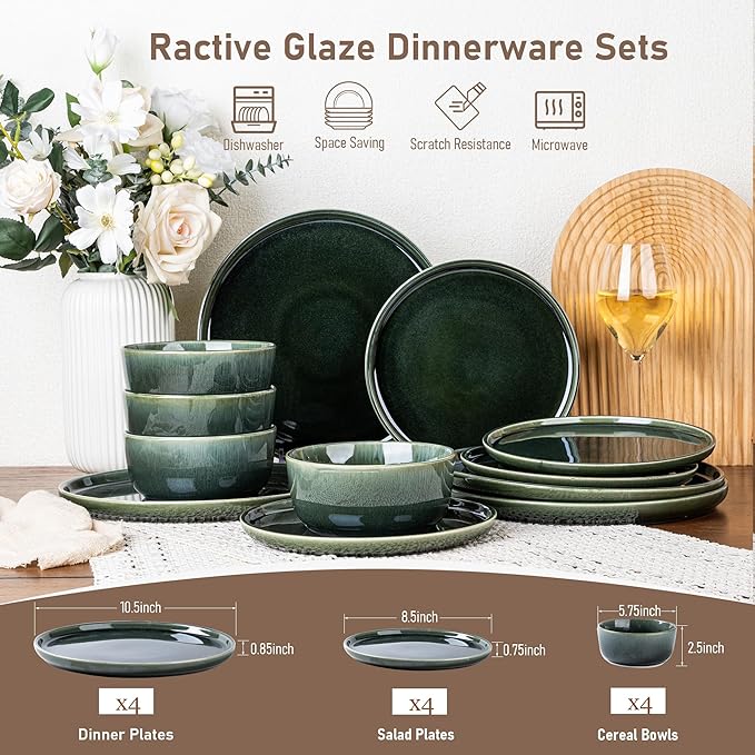 GBHOME Ceramic Dinnerware Sets for 4, 12 Pieces Stoneware Plates and Bowls Sets, Scratch Resistant Dishes, Dishwasher & Microwave Safe, Reactive Glaze-Earth Green