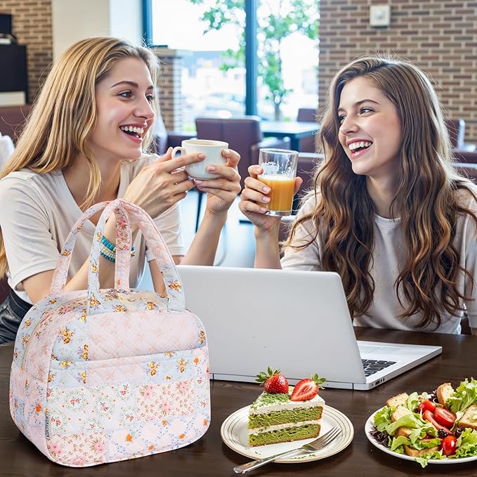 Quilted Lunch Box for Women,Insulated Cute Reusable Lunch Bag with Front Pocket,Pink Flower Stylish Lunch Tote Bag for Work, Office,Picnic, Travel,School (coloful floral)