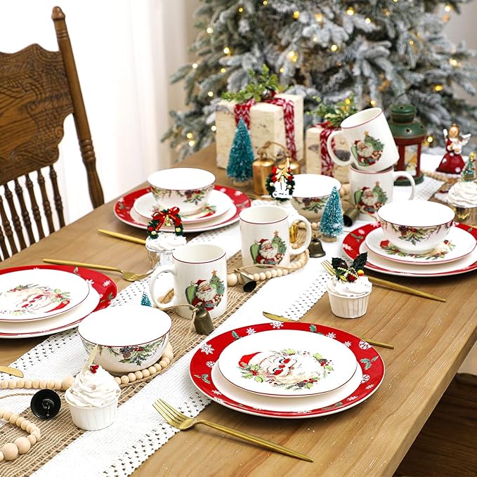 Pickmesh 16 Pcs Santa Christmas Dishes Dinnerware Set for 4 Guest Holiday Dinner Plates Ceramic Santa Claus Salad Plates Christmas Tree Bowl Mug Vintage Xmas Gift for Holiday Party Kitchen Decoration
