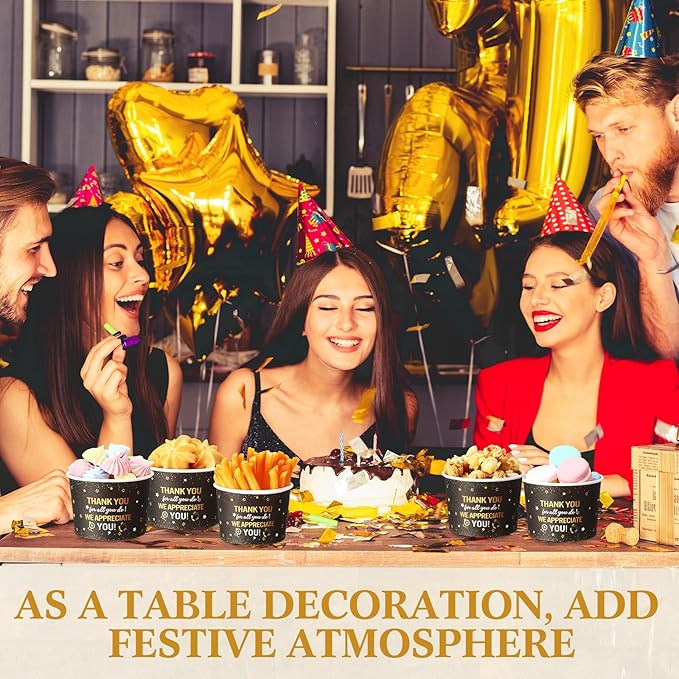 50 Pack We Appreciate You Snack Cups Thank You Paper Ice Cream Cups 9 oz Black Gold Disposable Dessert Bowl Paper Soup Bowl for Hot Cold Food Appreciate Teacher Employee Staff Party Supplies