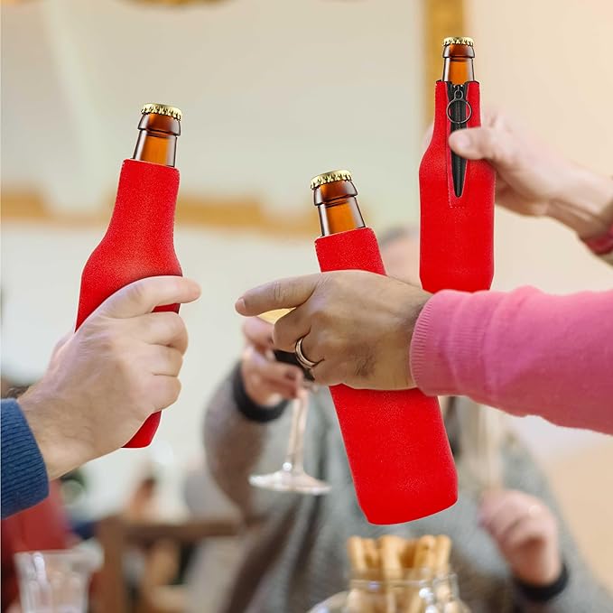 10 Neoprene Zippered Beer Bottle Coolies Pack - Sharkskin Rubber Bottom - Red