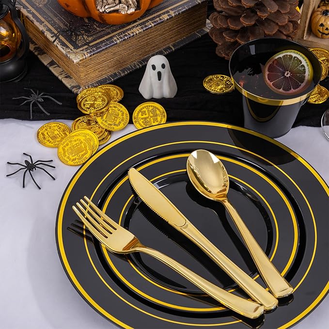 WELLIFE 600 PCS Black and Gold Disposable Dinnerware Set for 100 Guests, Gold rimmed Plastic Dinner Plates,Salad Plates,Cups,Silverware Set for Party Supplies and Halloween Party