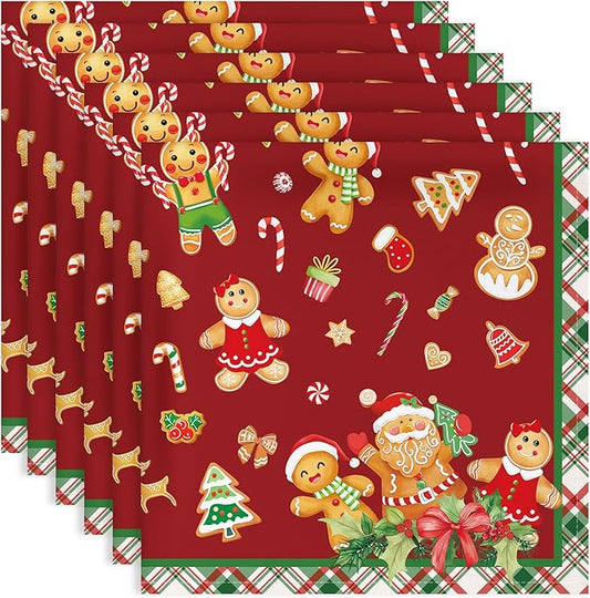 Christmas Gingerbread Napkins, 18×18 Inch Dinner Cloth Napkins Set of 6, Washable Cotton Soft Absorbent Square Table Top Decoration for Dining Kitchen Party Wedding