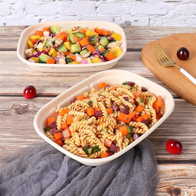 28 oz Disposable salad bowls with lids, Sugarcane Fiber paper Bowls take away Bagasse food containers meal prep food storage deli container 50 Pack