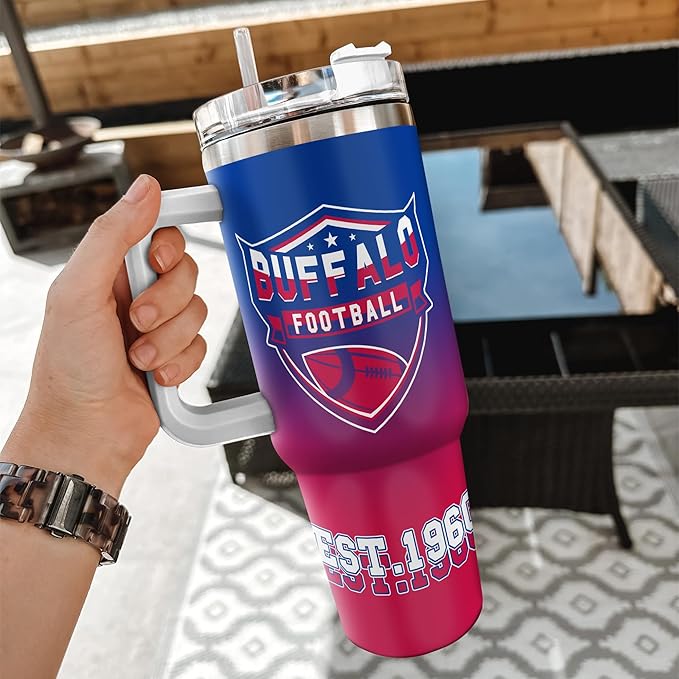 Personalized 40oz Football Stainless Steel Tumbler with Handle & Straw, Custom Insulated Travel Mug, Add Name & Number Cup, Tailgating Gift for Fans (Buffalo Colors)