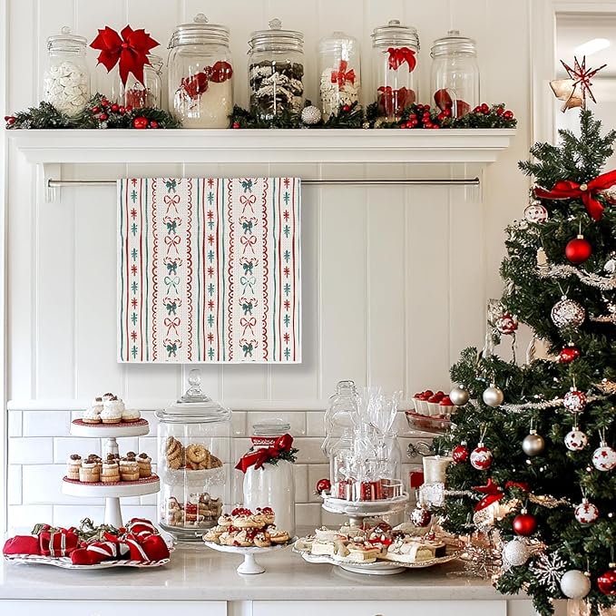 Red and Green Preppy Christmas Bow Tree Candy Canes Kitchen Dish Towels 16x24 Inches,Preppy Coquette Christmas Decor Hand Towels for Bathroom Kitchen